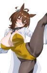  1girl absurdres agnes_tachyon_(umamusume) animal_ears black_collar black_necktie breasts brown_eyes brown_hair brown_thighhighs cameltoe coat collar covered_nipples hair_between_eyes hair_ornament head_tilt highleg highleg_leotard highres horse_ears horse_girl kanoji_(ni_kanojo) kneepits lab_coat large_breasts leg_up leotard long_sleeves looking_at_viewer medium_hair necktie parted_lips plunging_neckline seductive_smile short_necktie sleeves_past_fingers sleeves_past_wrists smile solo split standing standing_on_one_leg standing_split thighhighs umamusume white_background white_coat wing_collar wolf_cut yellow_leotard 