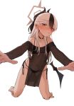 1girl absurdres all_fours bikini bikini_under_clothes black_bikini black_horns blue_archive commentary daresuki_05 demon_horns demon_wings dress earclip grey_halo halo highres horns kayoko_(blue_archive) kayoko_(tsutaya)_(blue_archive) korean_commentary looking_at_viewer lowleg lowleg_bikini mole mole_on_neck multicolored_hair off-shoulder_dress off_shoulder official_alternate_costume piercing see-through_clothes see-through_dress side-tie_bikini_bottom single_wing solo swimsuit two-tone_hair white_background wings 