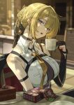  1girl bare_shoulders black_choker black_gloves blonde_hair blurry blurry_background box braid braided_base breasts bun_with_braided_base cake cake_slice chair choker collared_shirt commentary_request cup earrings elbow_gloves evelyn_chevalier food gloves hair_bun highres holding holding_cup jewelry large_breasts looking_at_viewer mele_ck mole mole_under_eye necktie on_chair open_mouth outdoors partially_fingerless_gloves purple_eyes shirt single_elbow_glove sitting sleeveless sleeveless_shirt solo teeth upper_teeth_only white_shirt yellow_necktie zenless_zone_zero 