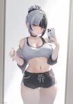  1girl \||/ artist_name black_hair black_shorts black_sports_bra blunt_bangs breasts cellphone cleavage cowboy_shot crop_top dolphin_shorts grey_hair grey_jacket hair_bun highres holding holding_phone hololive hololive_english jacket large_breasts looking_at_viewer multicolored_hair navel noeee off_shoulder phone selfie shiori_novella short_shorts shorts single_hair_bun smartphone solo split-color_hair sports_bra stomach tank_top virtual_youtuber white_tank_top yellow_eyes 
