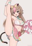  1girl :d animal_ears arm_up armpits artist_name bare_shoulders basti_(girls'_frontline_2) basti_(peach_soda)_(girls'_frontline_2) blue_eyes blush bow breasts brown_hair cameltoe cat_ears cat_tail cheerleader cleavage commentary cosplay crop_top detached_collar earrings fake_animal_ears fake_tail fang girls'_frontline girls'_frontline_2:_exilium green_necktie grey_background hair_bow hair_ornament hairclip hand_on_own_leg head_tilt heart heart_earrings heterochromia highres holding holding_pom_poms jewelry kneepits long_hair medium_breasts midriff miniskirt mk23_(girls'_frontline) mk23_(girls'_frontline)_(cosplay) multicolored_hair navel necktie open_mouth panties pantyshot pink_hair pink_skirt pink_streaks pom_pom_(cheerleading) red_eyes simple_background skin_fang skindentation skirt sleeveless smile solo split standing standing_on_one_leg standing_split streaked_hair suzu_saki tail tail_bow tail_ornament thighs twitter_username two-tone_hair underwear white_panties wristband 