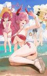  5girls absurdres bare_legs bikini black_hair black_horns blonde_hair blue_archive blue_eyes blue_halo blush bow breasts brown_shirt camera chiaki_(blue_archive) chiaki_(swimsuit)_(blue_archive) cleavage closed_eyes closed_mouth commentary cropped_shirt demon_girl demon_horns earrings fangs fieryonion fishnet_top fishnets flat_chest flower fluffy_hair grey_hair grin hair_between_eyes hair_bow hair_flower hair_ornament hair_over_one_eye halo hand_on_own_face hat highres holding holding_camera holding_pendulum hoop_earrings horns ibuki_(blue_archive) ibuki_(swimsuit)_(blue_archive) iroha_(blue_archive) iroha_(swimsuit)_(blue_archive) jewelry large_breasts long_hair makoto_(blue_archive) makoto_(swimsuit)_(blue_archive) multicolored_horns multiple_girls nail_polish ocean official_alternate_costume official_alternate_hairstyle open_mouth pandemonium_society_(blue_archive) pendulum pink_hair pointy_ears polka_dot polka_dot_bow ponytail red_eyes red_hair red_halo red_horns red_nails satsuki_(blue_archive) satsuki_(swimsuit)_(blue_archive) shirt smile straw_hat sun_hat swimsuit taking_picture toenail_polish toenails toes two-tone_horns underboob white_bikini white_flower yellow_halo 