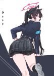  1girl animal_ear_fluff animal_ears bent black_hair black_socks blue_archive commentary_request from_behind halo highres jacket long_hair looking_at_viewer miron_(mirona33) plaid_clothes plaid_skirt pleated_skirt purple_eyes serika_(blue_archive) shoes shorts shorts_under_skirt skindentation skirt sneakers socks thigh_gap twintails 
