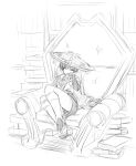  1boy blunt_ends bodysuit book book_stack bookshelf bridal_gauntlets choppy_bangs closed_mouth commentary_request feathers gem genshin_impact greyscale hands_up hat hatching_(texture) highres japanese_clothes jingasa juban kimono leg_warmers legs_together library linear_hatching looking_at_viewer male_focus monochrome open_clothes open_kimono pom_pom_(clothes) sandals scaramouche_(genshin_impact) shorts side_cape sitting smile solo tamane_june throne toeless_legwear toes tsurime vision_(genshin_impact) wanderer_(genshin_impact) zouri 