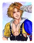  2boys bandaged_wrist bandages black_overalls blonde_hair blue_eyes border commentary_request cropped_jacket father_and_child father_and_son final_fantasy final_fantasy_x hand_in_another's_hair hand_on_another's_head highres jacket jecht jewelry looking_at_another male_focus multiple_boys necklace no_shirt oablamh open_mouth overalls parent_and_child parted_bangs short_hair single_shoulder_pad smile tidus white_border yellow_jacket 