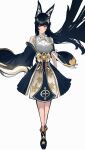  1girl animal_ear_fluff animal_ears bare_shoulders black_dress black_hair black_shoes closed_mouth commentary_request dress floating_hair flower fox_ears fox_girl hair_flower hair_ornament highres hoshimi_miyabi hoshimi_miyabi_(dignified_blossom) long_hair looking_at_another official_alternate_costume red_eyes shoes simple_background solo susiinoe two-tone_dress white_background white_dress white_flower zenless_zone_zero 