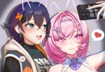  2girls bare_shoulders belle_(zenless_zone_zero) black_shirt commentary_request drawn_ears earrings green_eyes heart holding holding_phone jacket jewelry medium_hair mianbao_da_niunai multicolored_jacket multiple_girls open_mouth phone pink_hair purple_eyes remielle_dan selfie shirt short_hair smile spoken_heart two-tone_jacket upper_body zenless_zone_zero 