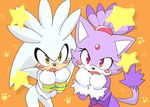  ambiguous_gender blaze_the_cat blush cat couple cute duo feline female hedgehog inano2009 looking_at_viewer mammal multicolored_clothing orange_background pawprint pink_eyes plain_background ponytail purple purple_body purple_eyes sega silver_the_hedgehog sonic_(series) stars tail white white_body 