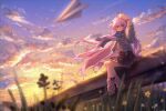  1girl absurdres black_skirt blue_scarf blue_sweater cloud commentary_request grass hat highres landscape lxns man_bo original purple_eyes purple_hair road scarf scenery skirt solo sunset sweater white_hat 