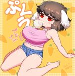  1girl alternate_breast_size_(larger) animal_ears arm_support blowing_bubble_gum blue_shorts breasts brown_hair camisole carrot_background chewing_gum commentary_request covered_nipples floppy_ears highres inaba_tewi jitome large_breasts lop_rabbit_ears midriff open_clothes open_fly open_shorts oppai_loli paid_reward_available pink_camisole rabbit_ears rabbit_girl red_eyes short_hair shorts sitting solo touhou wariza yellow_background yonaki 