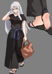  1girl absurdres alternate_costume bag barefoot black_nails black_pants black_sandals black_shirt blue_eyes blue_sash brown_bag commentary_request contemporary crescent crescent_earrings earrings feet foot_focus glasses grey_background grin highres holding holding_bag jager jewelry long_hair looking_at_viewer multiple_views nail_polish pants presenting_foot sandals sash shirt simple_background smile soles toenail_polish toenails toes touhou very_long_hair waist_sash yagokoro_eirin 