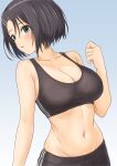  1girl arm_at_side bare_arms bare_shoulders black_hair black_pants black_shorts black_sports_bra blue_background blue_eyes blush bob_cut breasts cleavage collarbone commentary_request cowboy_shot fuyou_yuuna_wa_yuusha_de_nai gradient_background green_eyes groin hair_between_eyes hair_ornament hairclip hand_up highres large_breasts looking_at_viewer looking_to_the_side man12sikata-04 midriff navel no_shirt open_mouth pants parted_lips short_hair shorts simple_background solo sports_bra sportswear standing stomach sweat textless_version upper_body yuzuki_yuuna 