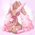  1girl alternate_color animal_nose black_sclera body_fur bow bowtie brown_fur colored_sclera commentary furry furry_female heart_ornament looking_at_viewer lopunny miy_001 pink_bow pink_bowtie pink_eyes pink_fur pokemon rabbit_girl shiny_pokemon smile solo two-tone_fur 