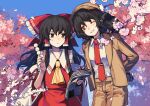  2girls :d ;d absurdres animal_on_shoulder arms_behind_back ascot bird black_hair bow brown_eyes brown_hat brown_jacket cherry_blossoms chinese_commentary closed_mouth commentary cowboy_shot crow dango day detached_sleeves food frilled_hair_tubes frills grin hair_bow hair_tubes hakurei_reimu hat highres holding holding_food holding_newspaper holding_skewer jacket long_sleeves multiple_girls necktie newsboy_cap newspaper one_eye_closed outdoors pointy_ears red_bow red_eyes red_necktie red_shirt red_skirt rryy shameimaru_aya shameimaru_aya_(newsboy) shirt short_hair skewer skirt sleeveless sleeveless_shirt smile tie_clip touhou tree wagashi white_shirt wide_sleeves yellow_ascot 