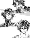  1boy :d androgynous bandaid bandaid_on_face bandaid_on_nose black_eyes black_hair black_shirt bruise bruise_on_face closed_mouth curtained_hair dam_wang greyscale hair_between_eyes hair_bun high_class highres injury medium_hair monochrome multiple_views open_mouth reuti_(welsh911) school_uniform scrape shirt signature single_hair_bun smile t-shirt v-shaped_eyebrows wavy_hair 