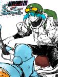  1girl akibasomen0130 alternate_costume backpack bag blue_eyes blue_hair closed_mouth clothes_writing commentary_request goggles goggles_on_headwear green_hat hair_bobbles hair_ornament hat hood hoodie jewelry kawashiro_nitori key key_necklace motor_vehicle motorcycle necklace pants short_hair simple_background solo touhou two_side_up white_background 