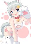  1girl absurdres animal_cutout animal_ear_fluff animal_ears animal_hands bare_shoulders bell blue_eyes blush bra breasts cat_cutout cat_ear_panties cat_lingerie cleavage cleavage_cutout clothing_cutout collar collarbone commentary flower frilled_bra frills gloves grey_hair hair_between_eyes hair_flower hair_ornament hairclip highres horse_ears horse_girl horse_tail jingle_bell looking_at_viewer medium_breasts neck_bell open_mouth panties paw_gloves paw_pose red_collar ruinone seiun_sky_(umamusume) short_hair side-tie_panties smile solo sunflower sunflower_hair_ornament tail thighhighs umamusume underwear white_bra white_panties white_thighhighs 