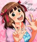  amami_haruka blush bow brown_hair double_v green_eyes hair_bow happy_birthday idolmaster idolmaster_(classic) jewelry looking_at_viewer necklace oku_(okumen) open_mouth short_hair smile solo v 