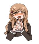  2girls amaori_renako ashigaya_high_school_uniform blush brown_eyes brown_hair chinese_commentary commentary_request female_pov haojbleng licking licking_finger long_hair long_sleeves multiple_girls pov school_uniform sena_ajisai simple_background solo_focus tongue tongue_out watashi_ga_koibito_ni_nareru_wake_naijan_murimuri! white_background yuri 