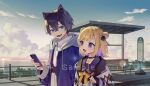  1boy 1girl :d animal_ear_fluff animal_ears bench black_choker blonde_hair blue_eyes blue_sky blush bow bowtie bus_stop cat_boy cat_ears cellphone character_request choker cloud colored_inner_hair commentary_request copyright_request crossed_bangs ctd_114 day double-parted_bangs double_bun drawstring fang hair_between_eyes hair_bun highres holding holding_phone hood hood_down hoodie long_sleeves multicolored_hair open_clothes open_hoodie open_mouth outdoors phone purple_eyes purple_hair purple_hoodie sample_watermark shirt short_hair sidelocks sky smartphone smile swept_bangs upper_body virtual_youtuber watermark white_shirt yellow_bow yellow_bowtie 