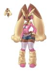 1girl animal_nose astrodraws belt belt_buckle black_sclera body_fur brown_fur buckle clothed_pokemon colored_sclera denim denim_shorts fur_trim furry furry_female hand_on_own_hip highres jacket lopunny partial_humanization pink_belt pink_eyes pink_jacket pink_shoes pokemon pokemon_(creature) print_jacket rabbit_girl rabbit_tail reference_inset shoes shorts simple_background tail thighhighs two-tone_fur white_background white_thighhighs yellow_fur 