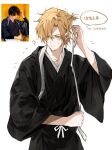  1boy ? ash_lynx banana_fish blonde_hair chinese_text closed_mouth clothing_request green_eyes highres japanese_clothes lemilisi light_blush male_focus photo_inset reference_inset short_hair simple_background solo translation_request white_background 