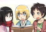  1girl 2boys :d aged_down armin_arlert bad_drawr_id bad_id black_eyes black_hair blonde_hair blue_eyes blue_sweater blush book brown_hair collared_shirt eren_yeager expressionless green_eyes green_shirt hair_between_eyes holding holding_book jacket long_hair mikasa_ackerman multiple_boys oekaki open_book open_mouth pink_jacket pointing reading_together red_jacket red_scarf scarf shingeki_no_kyojin shirt short_hair smile sweater white_shirt yoplait 