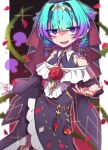  1girl absurdres aqua_hair bare_shoulders belt black_dress blush braid breasts commentary_request diamond_hairband dress fate/grand_order fate_(series) flower highres kibinago_(kibinago614) locusta_(fate) long_sleeves low_twin_braids multicolored_hair open_mouth pointy_ears puffy_long_sleeves puffy_sleeves purple_eyes purple_hair rose sharp_teeth short_hair small_breasts smile solo teeth twin_braids two-tone_hair veil 