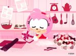  1girl amy_rose animal_nose batter blush box box_of_chocolates chocolate closed_eyes copyright_notice dress furry furry_female gift_bag hairband hedgehog_girl indoors kitchen ladle official_art oven_mitts pink_fur pink_theme red_dress red_hairband solo sonic_(series) third-party_source whisk 