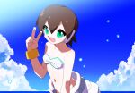  1girl aile_(mega_man_zx) bikini borrowed_clothes brown_hair commentary_request cowboy_shot flat_chest green_eyes kaidou_zx mega_man_(series) mega_man_x_(series) mega_man_x_dive mega_man_zx ocean robot_ears shorts solo swimsuit v white_bikini white_shorts 