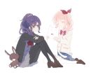  1girl 1other :d ^_^ absurdres akiyama_mizuki asahina_mafuyu black_cardigan black_pantyhose blue_eyes blue_skirt bow bowtie brown_shoes cardigan closed_eyes closed_mouth commentary diagonal-striped_bow diagonal-striped_bowtie diagonal-striped_clothes drill_hair drill_ponytail drill_sidelocks facing_another full_body hair_ornament hair_over_shoulder hair_ribbon hair_scrunchie high_ponytail high_side_ponytail highres holding holding_stuffed_toy kamiyama_high_school_uniform_(project_sekai) knees_up loafers long_hair long_sidelocks long_sleeves looking_at_viewer miniskirt miyamasuzaka_girls'_academy_school_uniform multicolored_eyes neckerchief no_nose open_cardigan open_clothes open_mouth orange_scrunchie pantyhose pink_bow pink_bowtie pink_hair plaid_clothes plaid_skirt pleated_skirt ponytail project_sekai puffy_long_sleeves puffy_sleeves purple_eyes purple_hair red_neckerchief red_ribbon ribbon school_uniform scrunchie shoes side_ponytail sidelocks simple_background sitting skirt smile striped_bow striped_bowtie striped_clothes stuffed_animal stuffed_cat stuffed_rabbit stuffed_toy thighhighs two-tone_eyes wavy_hair wavy_sidelocks white_background white_cardigan white_thighhighs zettai_ryouiki zhicha 