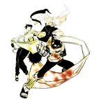  2boys fingerless_gloves flak_jacket gloves highres hyuuga_neji long_hair moji monochrome multiple_boys naruto rock_lee scroll short_hair tenten vest 