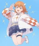  1girl bare_shoulders blue_background dress gomadare4869 hair_ornament hajimari_wa_kimi_no_sora highres jacket jumping legband love_live! love_live!_superstar!! orange_hair purple_eyes shibuya_kanon shoes solo star_(symbol) white_dress white_jacket white_shoes 