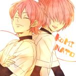  2boys baseball_uniform blush brothers character_name closed_eyes closed_mouth commentary_request daiya_no_ace fingernails hair_over_eyes kominato_haruichi kominato_ryousuke lowres male_focus multiple_boys pink_hair short_hair siblings simple_background sportswear tan05 twins upper_body white_background 