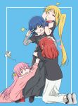  >_o 4girls ^_^ absurdres ahoge blonde_hair blue_hair bocchi_the_rock! closed_eyes commentary_request gotoh_hitori highres hug ijichi_nijika kita_ikuyo kneeling long_hair long_skirt mayo_(oekaki_bibbi) money multiple_girls one_eye_closed pink_hair red_hair side_ponytail simple_background skirt submission_hold tehepero tongue tongue_out track_suit v v_over_eye wrestling yamada_ryo yellow_eyes 
