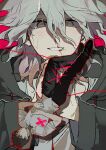  2boys absurdres ahoge black_pants black_shoes blood blush brown_eyes brown_hair chinese_commentary closed_mouth commentary_request danganronpa_(series) danganronpa_2:_goodbye_despair drawstring eyes_visible_through_hair grey_hair grin hair_between_eyes highres hinata_hajime hood hood_down hooded_jacket jacket komaeda_nagito kukirpg_457 long_bangs long_sleeves male_focus multiple_boys nosebleed pants red_background ringed_eyes shirt shoes short_hair short_sleeves simple_background smile string string_of_fate sweat white_shirt yaoi 