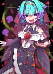  1girl absurdres aqua_hair bare_shoulders belt black_dress blush braid breasts commentary_request diamond_hairband dress fate/grand_order fate_(series) flower highres kibinago_(kibinago614) locusta_(fate) long_sleeves low_twin_braids multicolored_hair open_mouth pointy_ears puffy_long_sleeves puffy_sleeves purple_eyes purple_hair rose sharp_teeth short_hair small_breasts smile solo teeth twin_braids two-tone_hair veil 