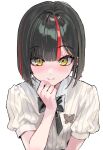  1girl absurdres black_bow black_bowtie black_hair bob_cut bow bowtie choya_hanabi choya_hanabi_(2nd_costume) commentary hand_on_own_face highres kanzarin light_blush looking_at_viewer multicolored_hair red_streaks shirt short_hair short_sleeves simple_background solo streaked_hair striped_clothes striped_shirt upper_body vertical-striped_clothes vertical-striped_shirt virtual_youtuber vspo! white_background white_shirt yellow_eyes 