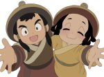  2boys :3 akumai0708 arm_wrap black_hair brothers closed_mouth commentary_request hat hulegu_(tenmaku_no_jaadugar) kublai_(tenmaku_no_jaadugar) light_blush multiple_boys outstretched_hand qingdai_guanmao reaching reaching_towards_viewer red_robe robe siblings smile tenmaku_no_jaadugar yellow_robe 