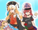  3girls american_flag_dress bare_shoulders belt black_choker black_hat blonde_hair blue_background bow bowtie breasts chain chinese_clothes chinese_commentary choker closed_eyes closed_mouth clothes_writing clownpiece collarbone commentary_request crescent dalachi_(headdress) dress earth_(ornament) floral_print green_skirt grey_belt grey_dress grey_shirt hair_between_eyes hand_up hat heart heart_print hecatia_lapislazuli highres jester_cap junko_(touhou) long_hair long_sleeves looking_at_another looking_down looking_up lunar_invader_trio_(touhou) lying lying_on_person maisuiren mandarin_collar medium_breasts medium_hair moon_(ornament) multicolored_skirt multiple_girls neck_ruff off-shoulder_shirt off_shoulder on_back orange_bow orange_bowtie orange_hair plaid_clothes plaid_skirt polka_dot pom_pom_(clothes) purple_hat purple_skirt red_eyes red_hair red_skirt shirt short_sleeves silver_chain simple_background sitting skirt sleeping smile star_(symbol) star_print striped_clothes striped_dress t-shirt tabard touhou underworld_(ornament) wide_sleeves 