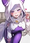  1girl absurdres animal_ear_hood blunt_bangs blush breasts cameltoe commentary_request emilia_(re:zero) head_tilt heart highres hood hood_up leaning_forward looking_at_viewer official_alternate_costume onamako0 open_mouth purple_eyes re:zero_kara_hajimeru_isekai_seikatsu smile solo speech_bubble thigh_gap translation_request 