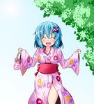  bag blue_hair blush closed_eyes commentary hair_ornament ichimi japanese_clothes karakasa_obake kimono obi open_mouth pink_kimono sash short_hair smile solo tatara_kogasa tongue touhou umbrella yukata 