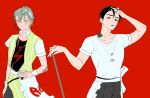  2boys alien_stage apron black_eyes black_hair black_shirt burger collared_shirt commentary_request egg_tmg69 food green_eyes grey_hair holding holding_plate ivan_(alien_stage) layered_shirt lightning_bolt_print male_focus microphone multiple_boys official_alternate_costume open_clothes open_shirt plate red_background shirt short_hair simple_background striped_clothes striped_shirt till_(alien_stage) vertical-striped_clothes vertical-striped_shirt very_short_hair white_apron white_shirt yellow_shirt 