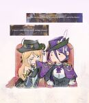  2girls aiguillette back_bow bare_shoulders belt black_belt black_bow black_corset black_eyes black_gloves black_hat black_jacket blonde_hair blowing_nose blue_dress blue_gem blush bow bowtie breasts buttons cape chair chuuizutea clenched_hands clorinde_(genshin_impact) closed_eyes commentary corset covering_own_mouth criss-cross_straps crying diamond_mouth dress earrings elbow_gloves english_commentary epaulettes gem genshin_impact gloves hair_between_eyes hand_up hat hat_feather hat_ornament highres jacket jewelry long_hair long_sleeves looking_at_another low_ponytail medium_breasts multiple_girls navia_(genshin_impact) necklace on_chair open_clothes open_jacket open_mouth pendant ponytail purple_bow purple_bowtie purple_cape purple_gem purple_hair sad shirt simple_background sitting sleeveless sleeveless_dress snot v-shaped_eyebrows very_long_hair wavy_hair white_background white_gloves white_shirt yellow_bow 