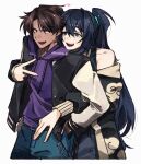  2boys belt black_belt black_hair black_jacket blue_pants cloud_print commentary_request cowboy_shot heart heathcliff_(project_moon) high_ponytail highres hong_lu_(project_moon) hood hoodie hug hug_from_behind jacket letterman_jacket limbus_company long_hair multiple_boys nantekottawo!! pants ponytail project_moon purple_hoodie simple_background very_long_hair white_background yaoi 