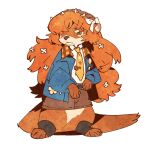  animal animalization badge blue_jacket bow brown_shorts clothed_animal flower full_body hair_bow hair_flower hair_ornament highres ishmael_(project_moon) jacket kgdjeisk limbus_company long_hair necktie no_humans orange_hair otter project_moon shorts simple_background standing tie_clip very_long_hair white_background white_bow yellow_necktie 