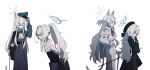  2girls absurdres akira_(blue_archive) akira_(miria)_(blue_archive) animal_ear_fluff animal_ears ascot belt beret blue_archive cane cat_ears cat_girl cat_tail coat commentary_request cowboy_shot domino_mask dress evil_grin evil_smile eye_mask fluffy_hair gloves grin hair_intakes half_updo halo hat highres holding holding_cane holding_suitcase jacket kiroshi korean_commentary lanyard leaning_forward long_hair long_sleeves mask multiple_girls pants pantyhose partially_colored peaked_cap pencil_skirt pleated_skirt poet_shirt ponytail professor_niyaniya_(blue_archive) professor_niyaniya_(teacher)_(blue_archive) profile school_uniform serafuku shaded_face shirt skirt smile suitcase tail 