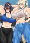  2girls abs armpits arms_up bare_shoulders biceps black_hair black_pants blonde_hair blue_eyes blue_pants blue_sports_bra blush breasts cleavage commentary_request hair_over_one_eye hair_ribbon high_ponytail highres horse_girl horse_tail koucha_indian large_breasts long_hair looking_at_viewer multicolored_hair multiple_girls muscular muscular_female navel pants ponytail red_eyes red_streaks ribbon sigrid_de_l'azur smile sports_bra streaked_hair tail thick_thighs thighs white_sports_bra yoga_pants zenless_zone_zero zhu_yuan 
