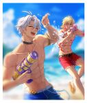  2boys abs aki_shinoya arm_tattoo beach black_choker blonde_hair blue_male_swimwear braid chest_tattoo choker closed_eyes commentary facial_mark gold_trim grey_hair highres holding holding_water_gun honkai:_star_rail honkai_(series) long_hair male_focus male_swimwear multiple_boys muscular muscular_male mydei_(honkai:_star_rail) navel nipples ocean open_mouth orange_eyes phainon_(honkai:_star_rail) red_male_swimwear sandals short_hair smile stomach stomach_tattoo tattoo teeth topless_male untranslatable_commentary water_gun 