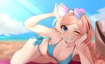  1girl adjusting_eyewear beach bikini blue_bikini blue_eyes blue_sky blurry blurry_background blush braid breasts cloud collarbone commentary day dripping english_commentary eyelashes eyewear_on_head gradient-tinted_eyewear grin halterneck hand_on_eyewear hand_on_own_face head_rest heart heart-shaped_eyewear light_rays long_hair looking_at_viewer lying medium_breasts on_side orange_hair original outdoors side-tie_bikini_bottom signature sky smile solo string_bikini sunglasses sunnypoppy swimsuit teeth tinted_eyewear triangle_bikini_top 